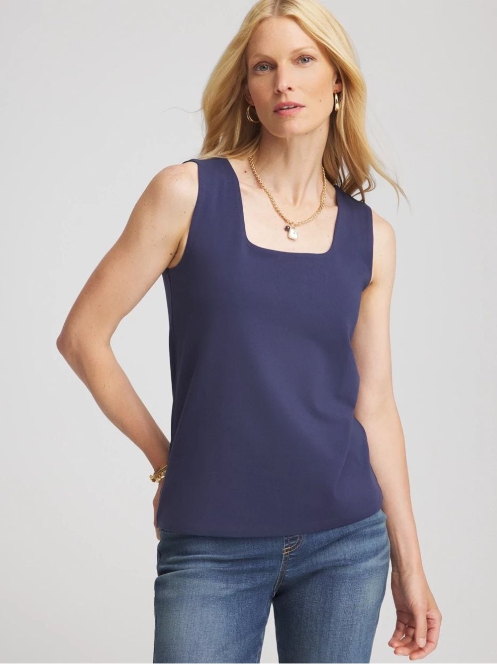 CHICOS Contour Cotton Square Neck Tank in Passport Blue